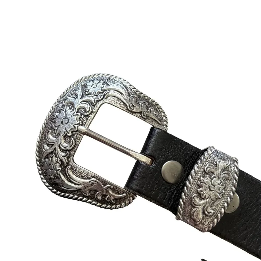 Vintage 96 Beltis Genuine Full Grain Leather Western Concho Belt Black Buckle 44